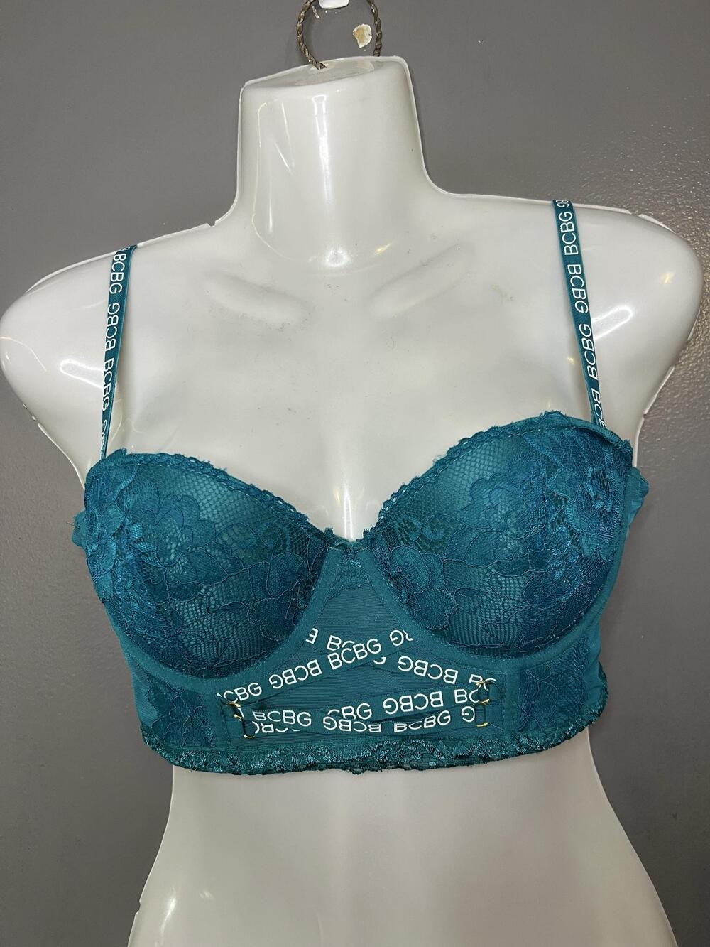 BCBGeneration Bra Womens 34B Green Lace Longline Underwire Padded Stretch Logo